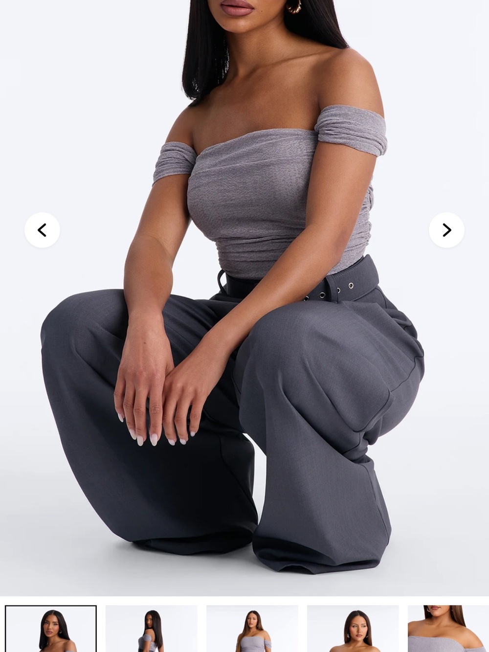 Fashion Nova Grey Off-Shoulder Crop Top & Wide Leg Pants Set